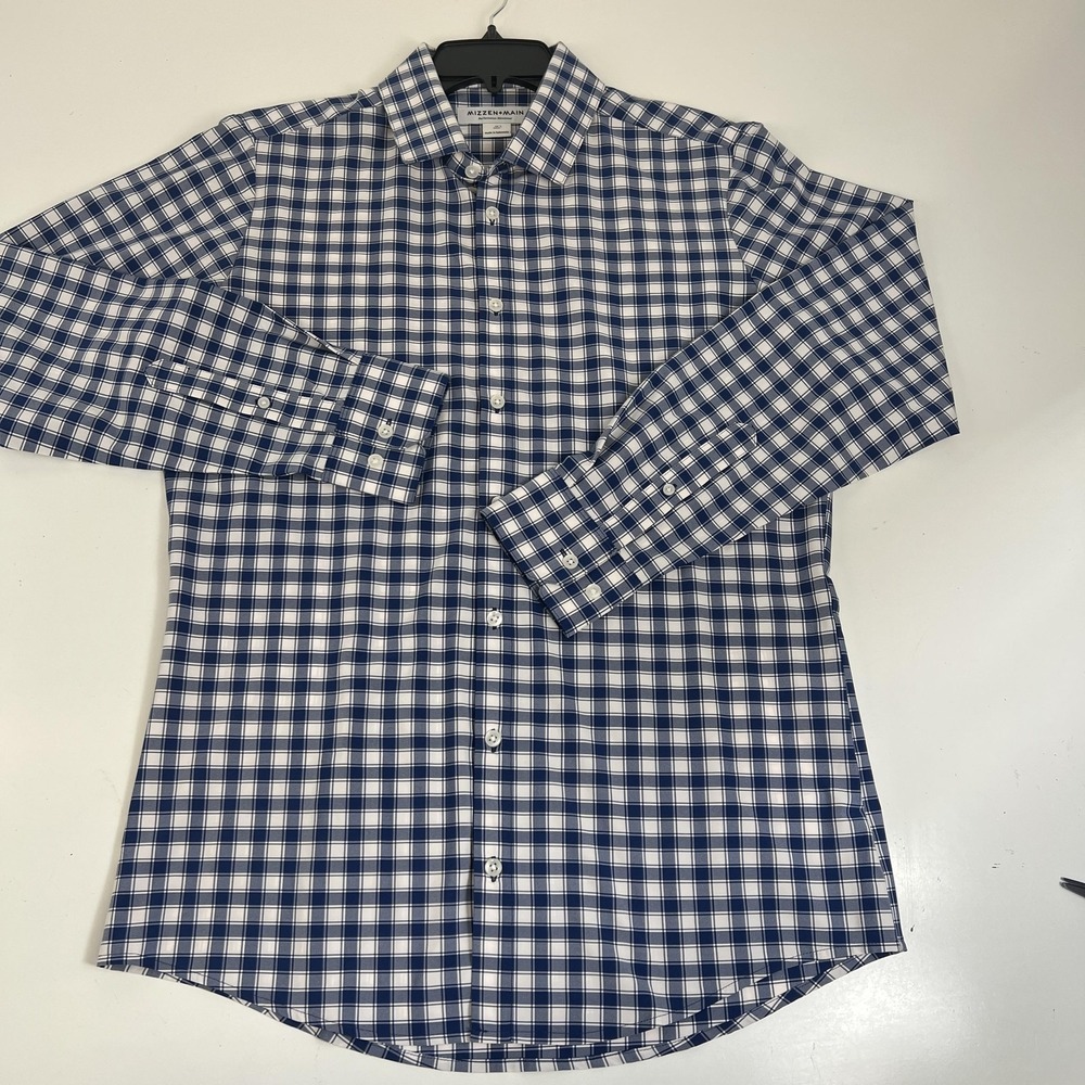 Mizzen+Main Shirt Mens Medium Blue Plaid‎ Stretch Trim Fit Dress Long Sleeve